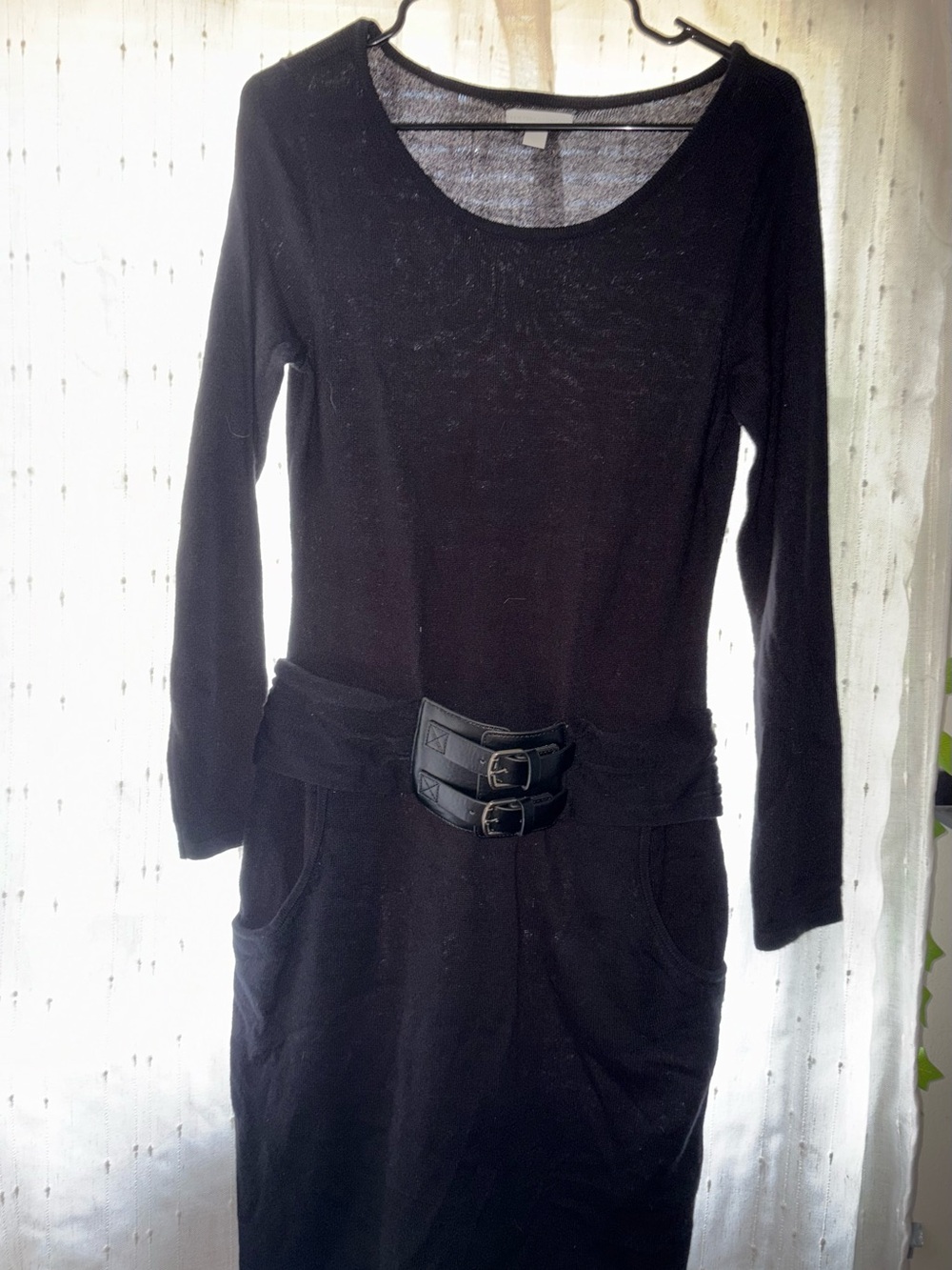 New York & Company Black Long-Sleeve Belted Knit Dress